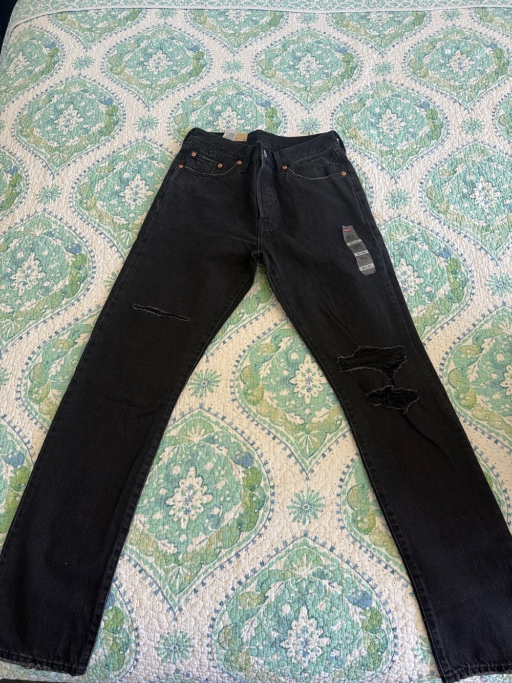 Women's Black Straight Leg Jeans with Distressed Knee